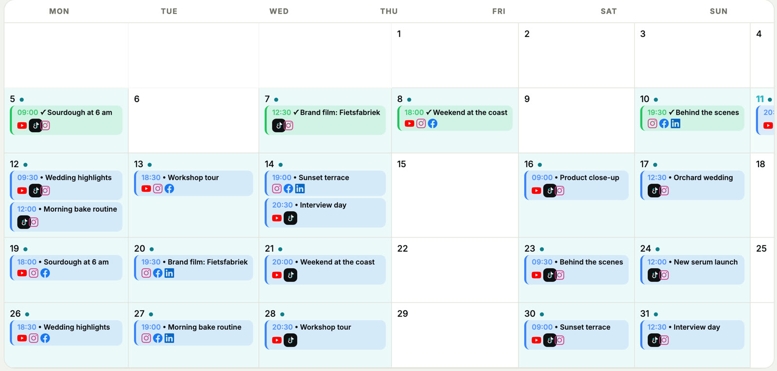 The UploadFlow calendar with scheduled posts for YouTube, TikTok, Instagram, Facebook and LinkedIn